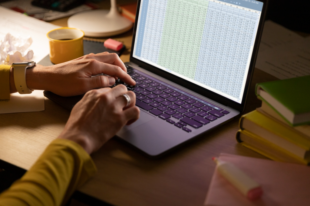 Person managing accounting spreadsheets and financial data on a laptop.