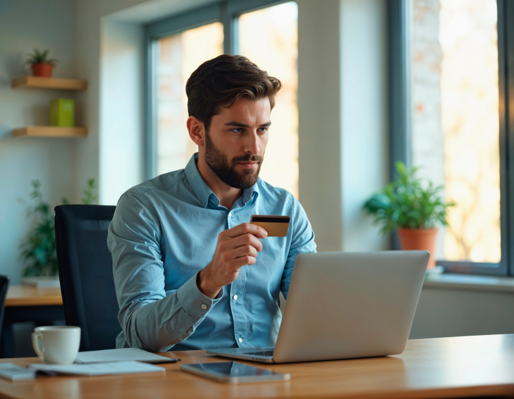 Man holding a credit card while making an online payment on a laptop.